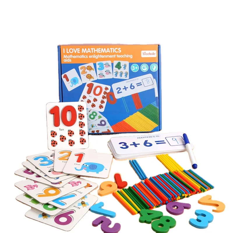 
Kids Math Toys Wood Arithmetic Toy Digital Pairing Cards with Counting Sticks Kindergarten Preschool Toys for Children Girls Boy 