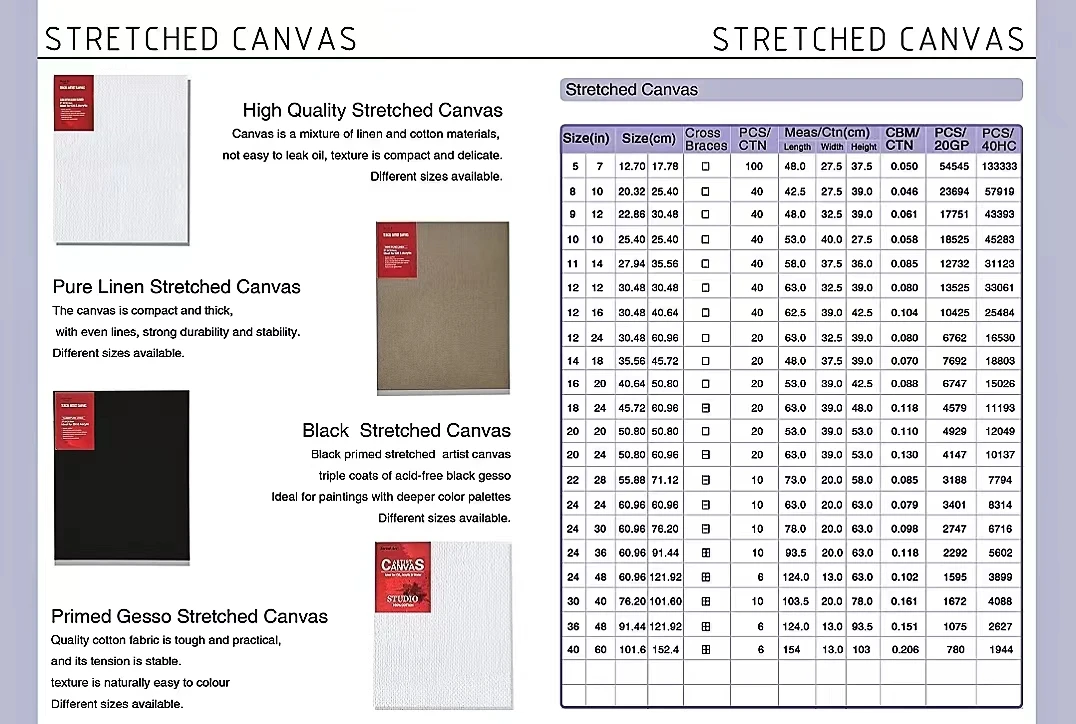 Professional OEM Custom Size Artist 100% Cotton Blank Stretched Artist Canvas for Painting