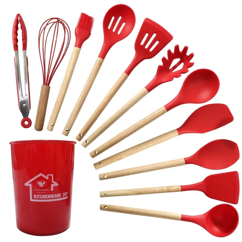 Wholesale cooking Non-Stick Heat Resistant wooden 12pcs Baking BBQ silicone kitchen utensils with holder