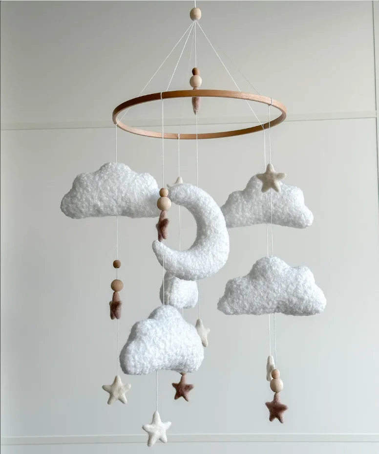Boucle clouds and moon baby mobile Neutral nursery mobile Clouds Felted stars mobile