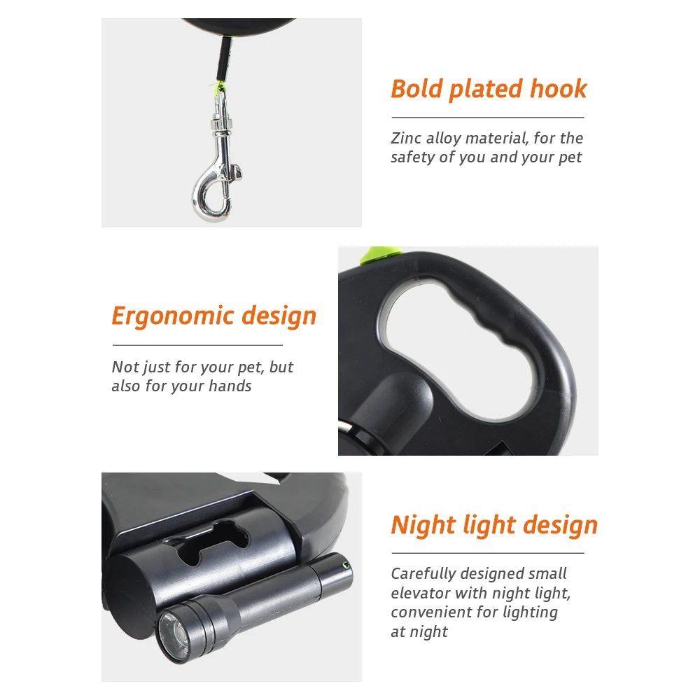 3 in 1 Portable Automatically Retractable Dog Leash Double-headed LED Pet Traction Leash With Poop Bag Dispenser
