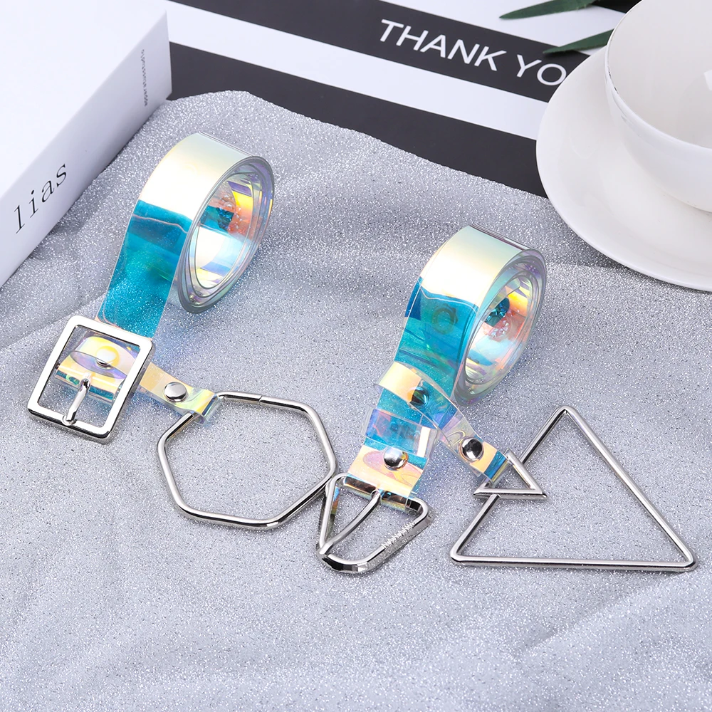 1PC NEW Transparent Women Girl Laser Rainbow Clear Pin Buckle Wide Bands Waistband Invisible Punk Waist Belt