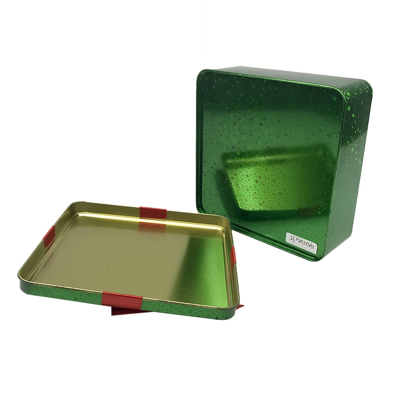 Hot Sale Laser Printed Effect Metal Package Box For Gift Custom Unique Film Cover Printing Square Tin Box With Bow Ribbon