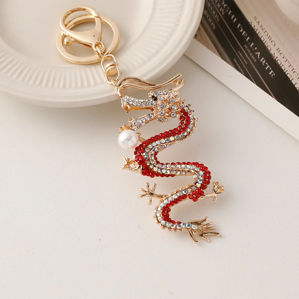 Vintage Crystal Rhinestone Dragon Keychain Women Pearl Zodiac Chinese Dragon Loong Pendant Keychain For Gift