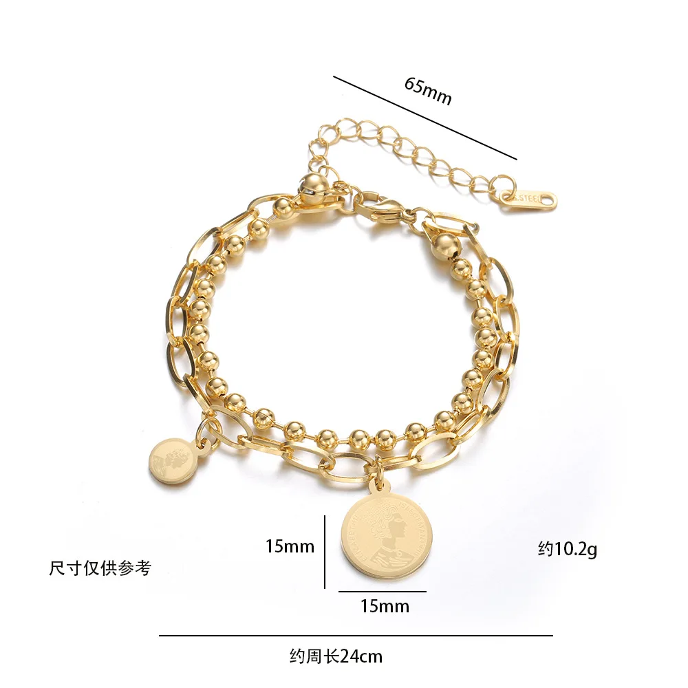 Double Layered Bracelet Oval Paperclip Chain Cuban Link Chain Gold Bracelet Stainless Steel Queen Coin Bracelet for Women