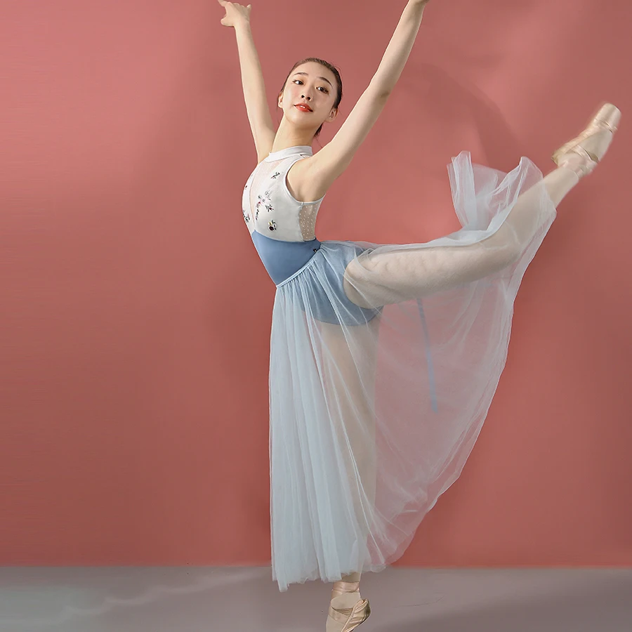 High Neck Collar Floral Embroidery Tank Leotards For Girls Sleeveless Bodysuit For Ballet Training Dancewear