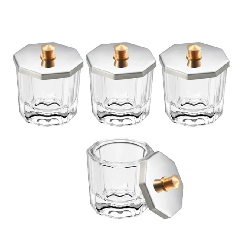 Octagon Shape Stainless Steel Lid Crystal Glass Dappen Dish for Acrylic Nail Dip Powder Monomer and Nail Polish Remover