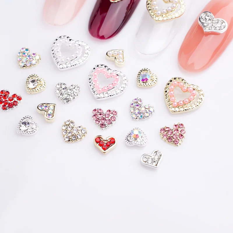 Valentines Day Luxury Wholesale Pink Red Heart Love Nail Jewelry, Heart Rhinestones Pearls Charms for Manicures Decoration