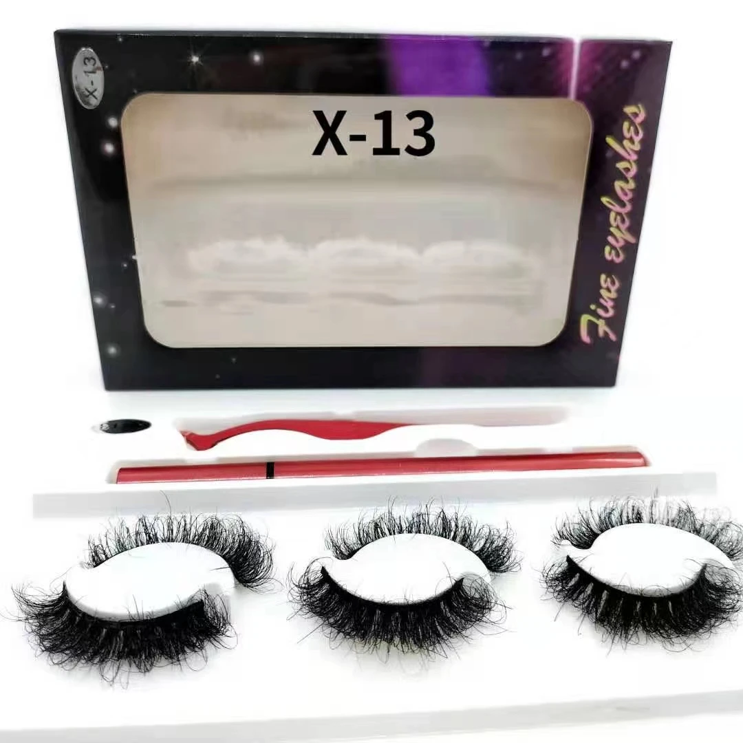 private label 3 pairs mink lash box vendor natural mink eyelashes set with glue magic eyeliner pen and tweezers