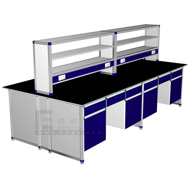 School Furniture Galvanized Steel Sheet Full Steel Island Electronics Lab Bench with High Temper Glass Shelf of Laboratory Bench