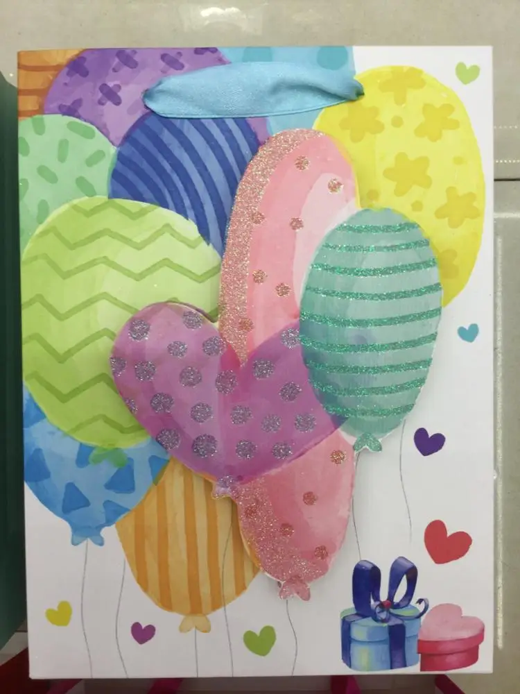 Wholesale custom happy birthday series 3D pattern glitter shopping gift paper bags for kids