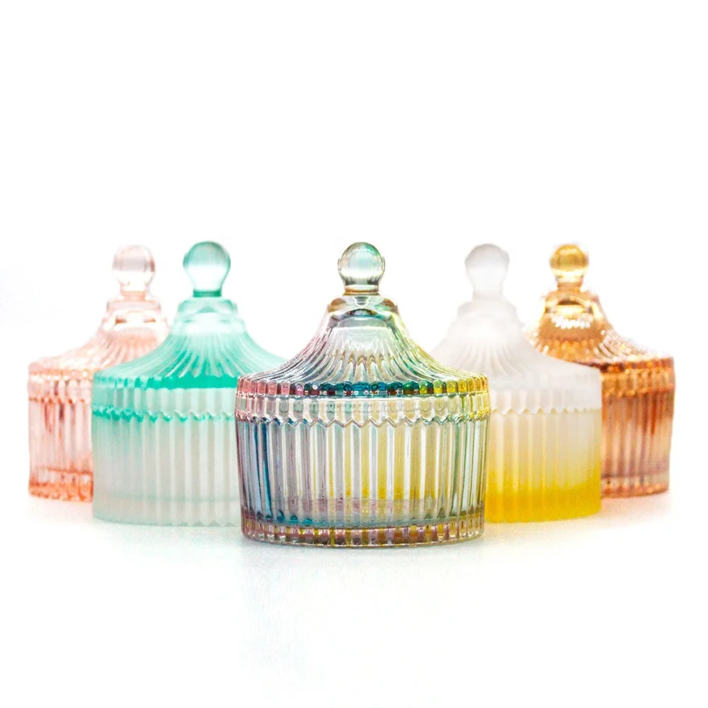 FENGJUN unique candles jars wholesale frosted container luxury geo cut amber glass candle jar with lid