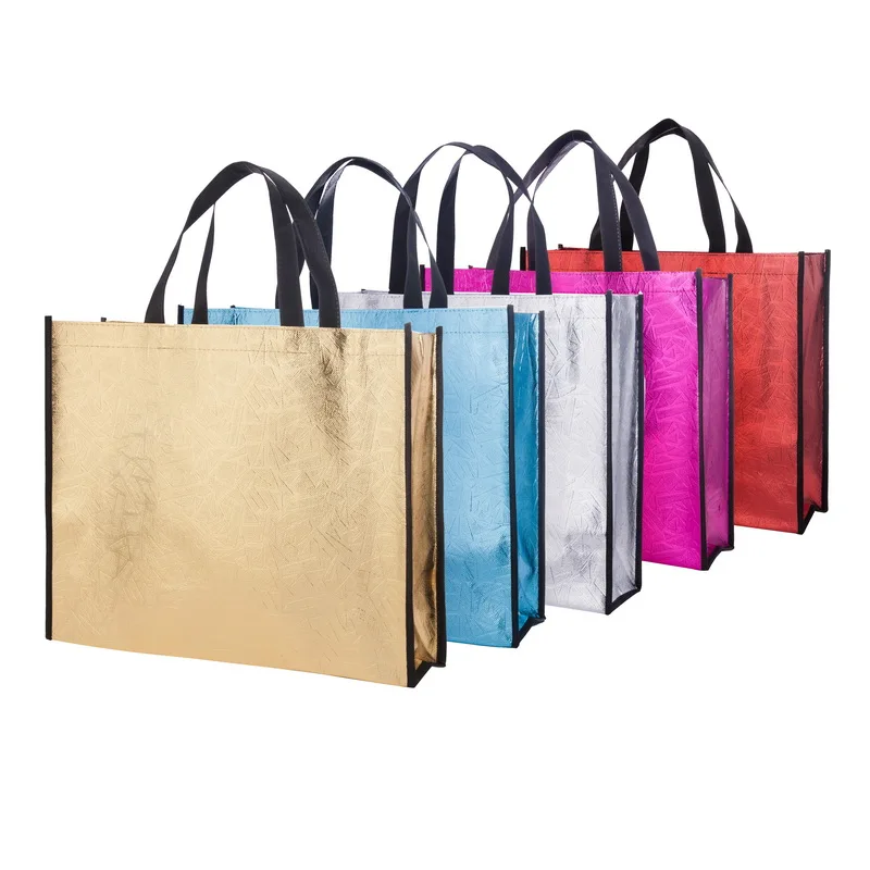 
Factory in stock high quality metal gold laminated flat gift shopping tote bag available in 5 colors 