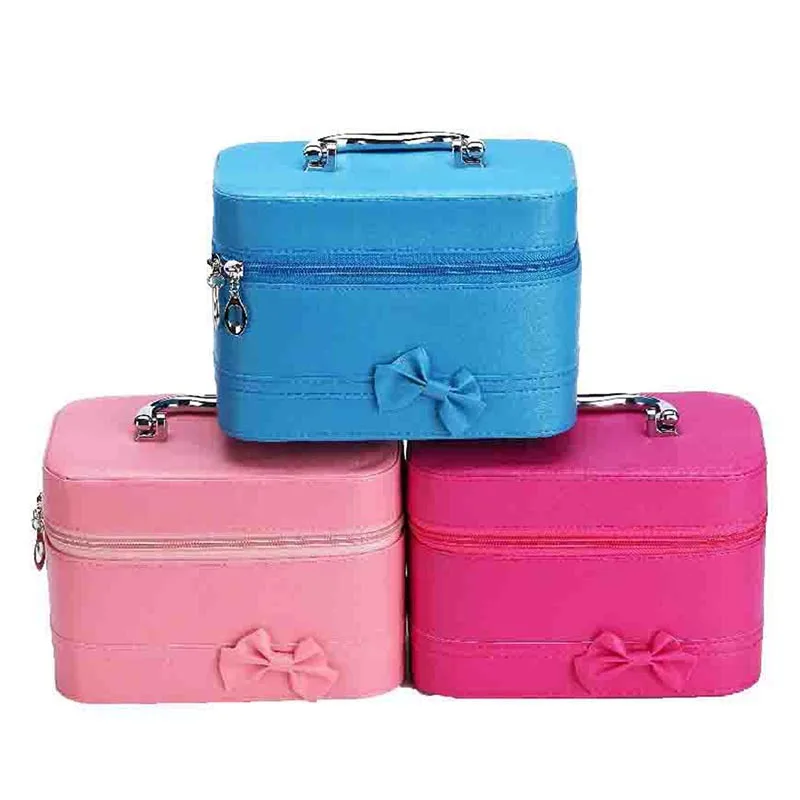 
Wholesale Personalized Large Capacity Multi Function Bow Decoration Pink Makeup Case PU Leather Waterproof Cosmetic Bag 