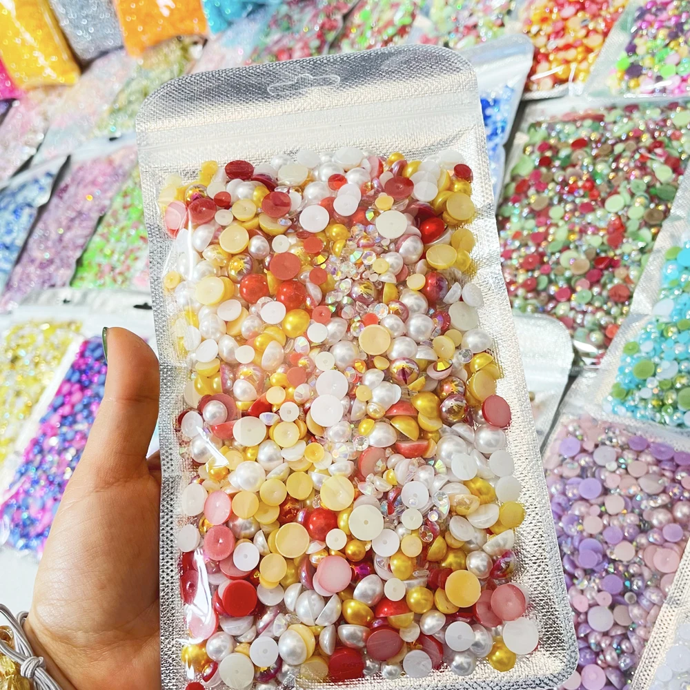 Customized 150g/4500pcs Mix Pearls Rhinestone Mix Sizes Color 3-10mm ABS Half Round Pearl Transparent Jelly AB Resin Rhinestone