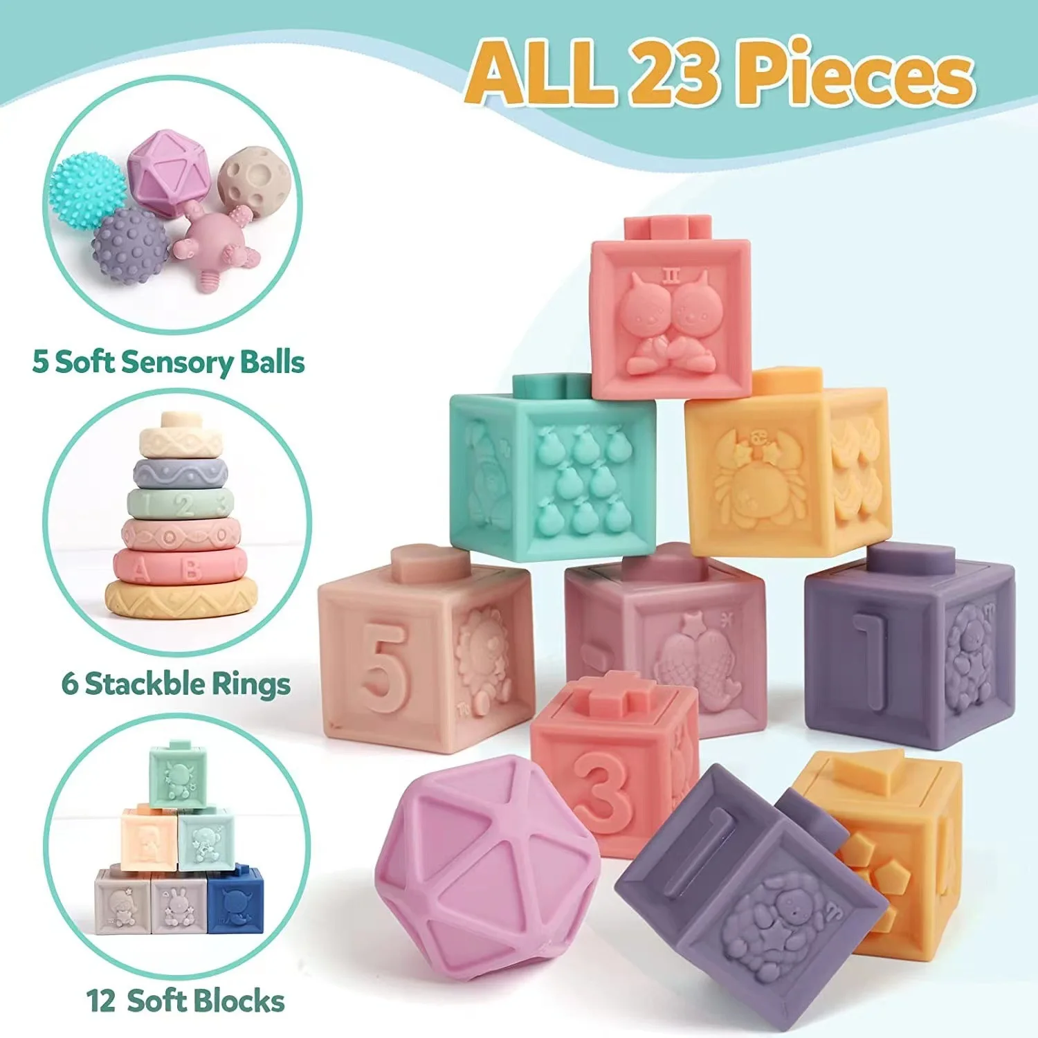 Soft Educational Montessori Toys baby Stacking Rubber silicone Blocks Soft Building Block Set Toy For Baby