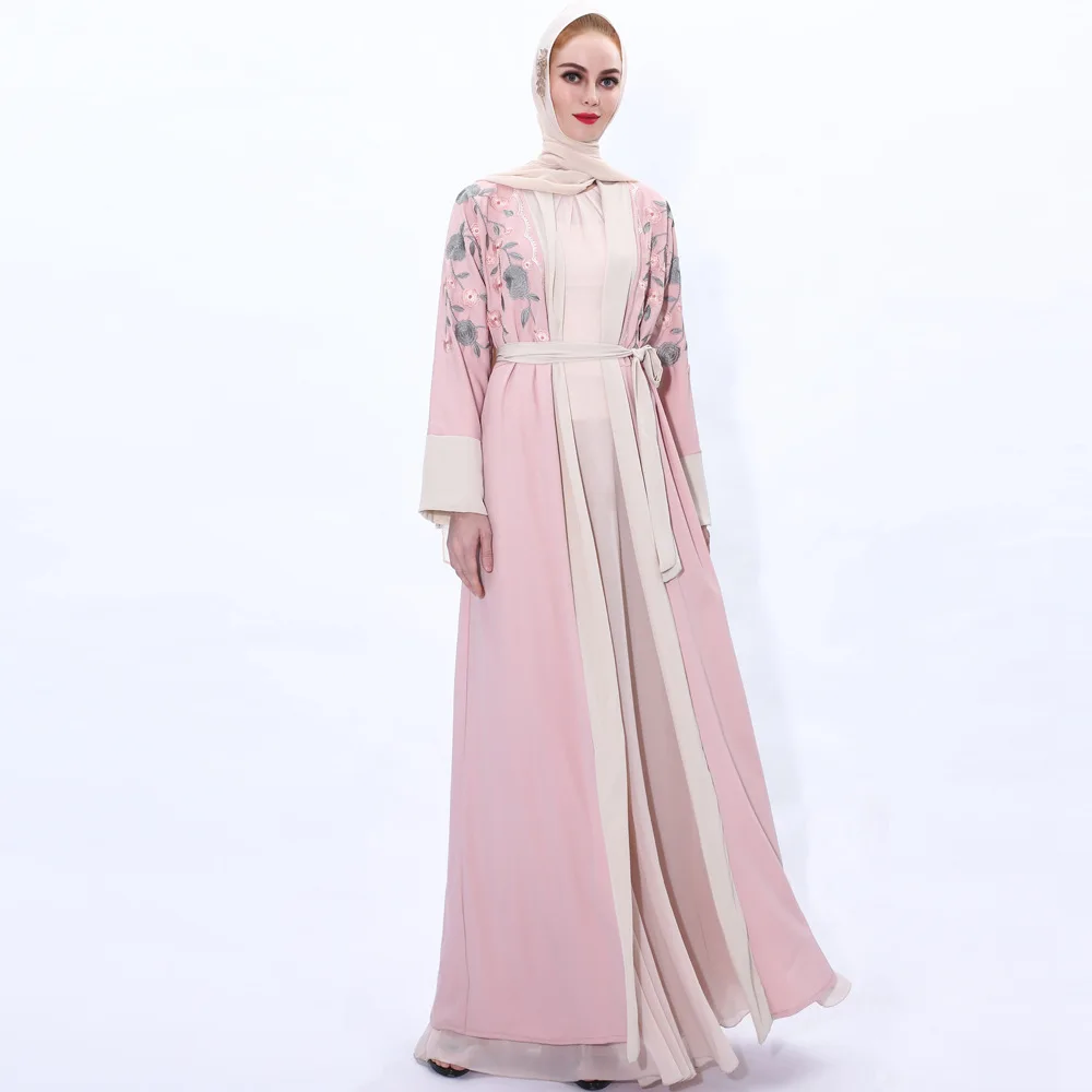 New Design Embroidered Muslim Women Chiffon Cardigan Robe Cover Up Patchwork Abaya