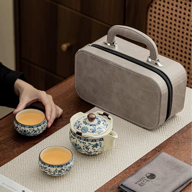 Chinese Ru Kiln Blue White Ceramic Tea Set Portable Travel Tea Infuser Teapot Cup with Tray for Coffee or Gifts