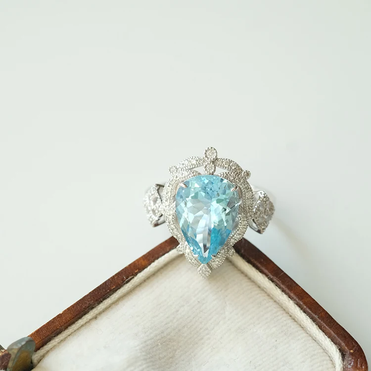 
Natural Aquamarine Engagement Ring With Diamonds Pear Cut Drop Shape Blue Stone Ring Wedding Ring Classic Design 14K White Gold 