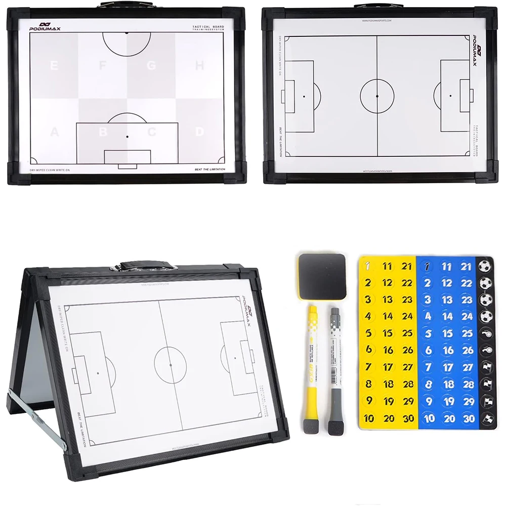Magnetic Dual-Sided Soccer Dry Erase Coach Board Kit with Pen Marker Pieces and Stand - Tactic & Strategy Board