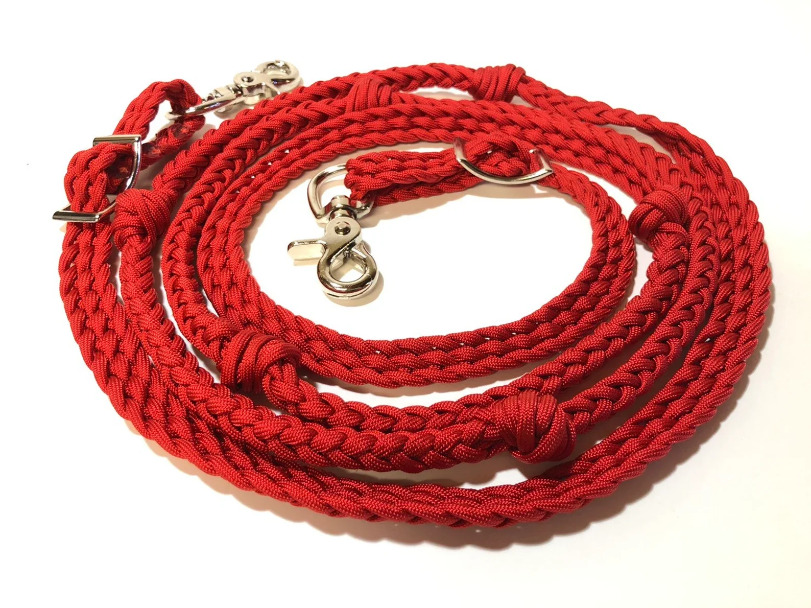 personalized length western tack barrel hand braided  burgundy paracord barrel racing reins with grip knots