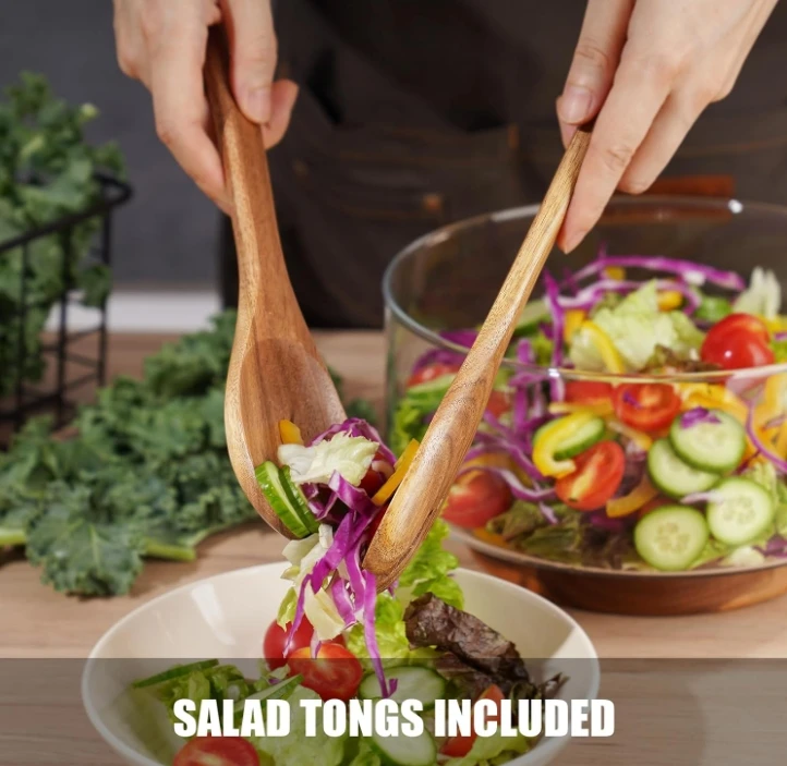 Wooden Salad Bowls Extra Large Glass Salad Bowls for Party with Acacia Wood Base and Salad Serving Utensils
