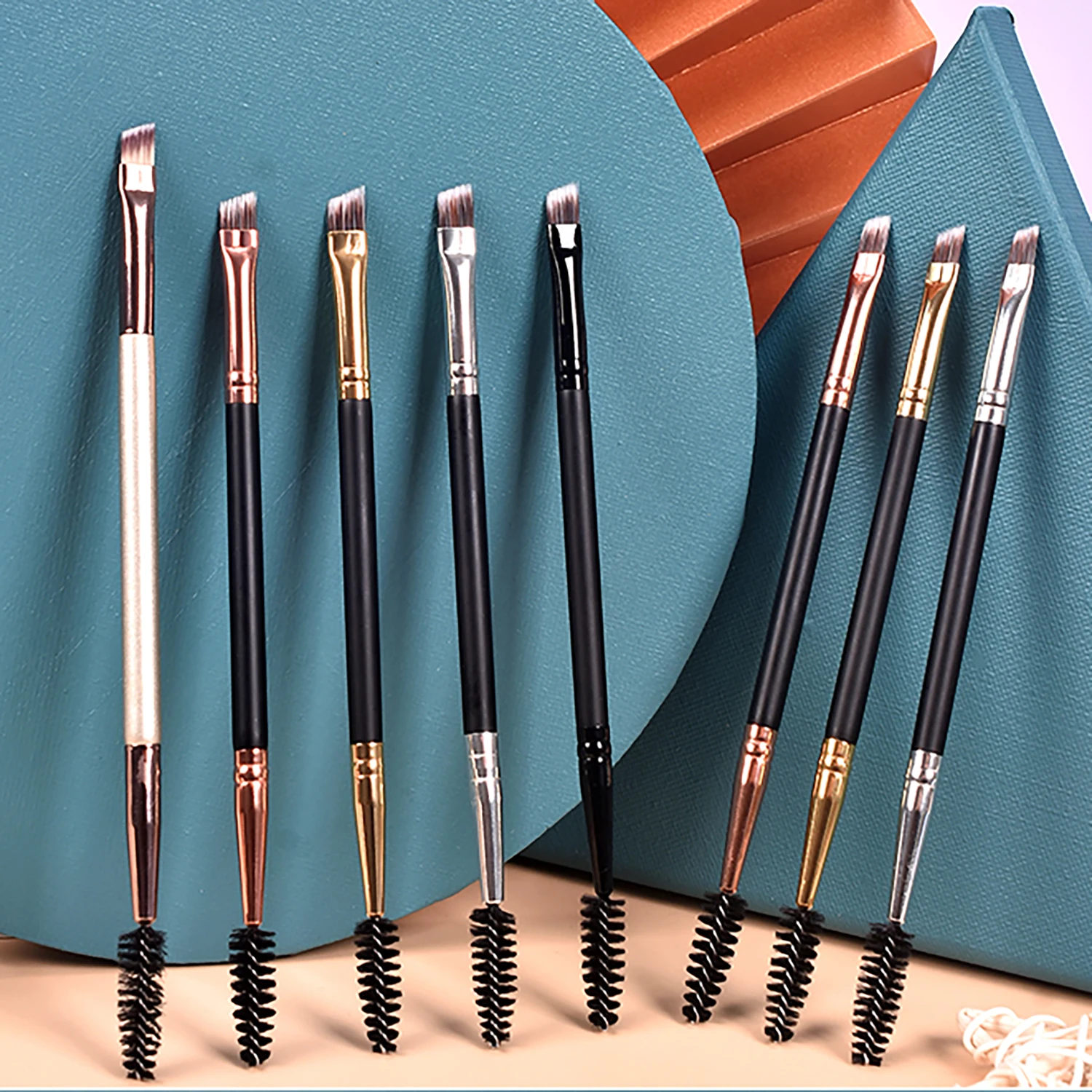 HMU 2 in 1 Fiber Hair Custom Logo Wholesale 11colors Eye Brow Liner Brush Ultra Thin Angled Double Sided Eyebrow Brush