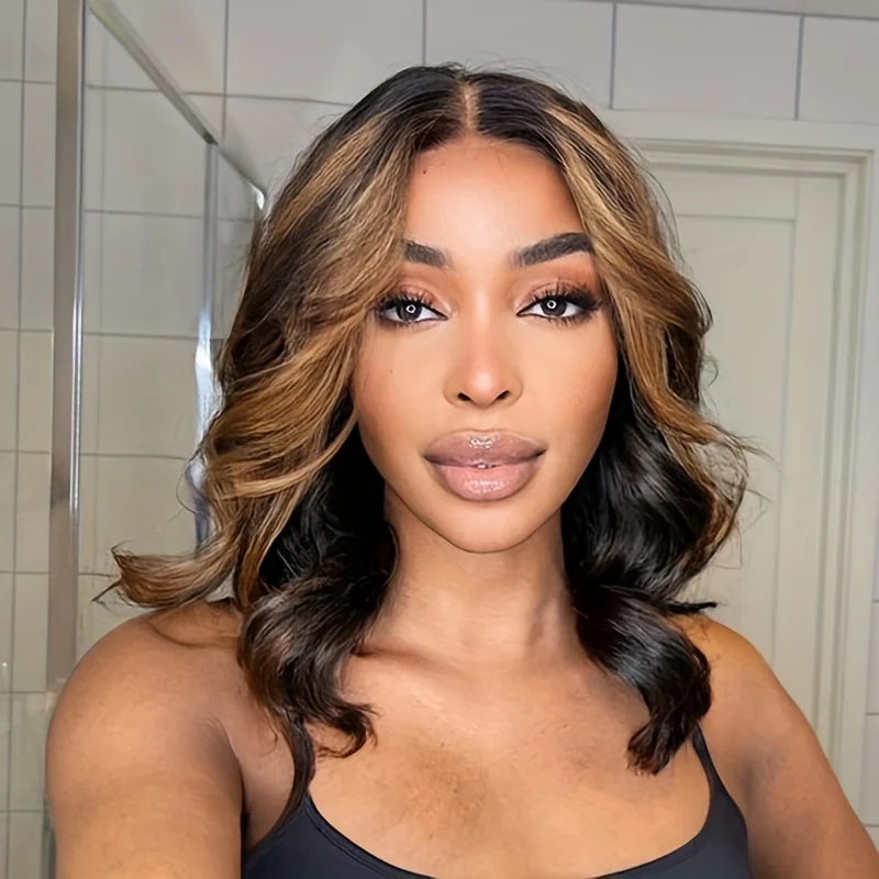 Highlight Short Bob Wigs Body Weave Human Hair Wigs Remy 4x4 Transparent Lace Front Ombre Honey Brown Color Wigs For Women