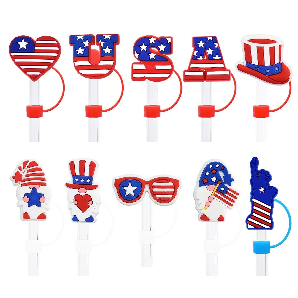 Wholesale American Pvc Rubber Straw Topper Fashion Custom Heart Star Usa Flag 8mm  Straw Topper For Kids Women