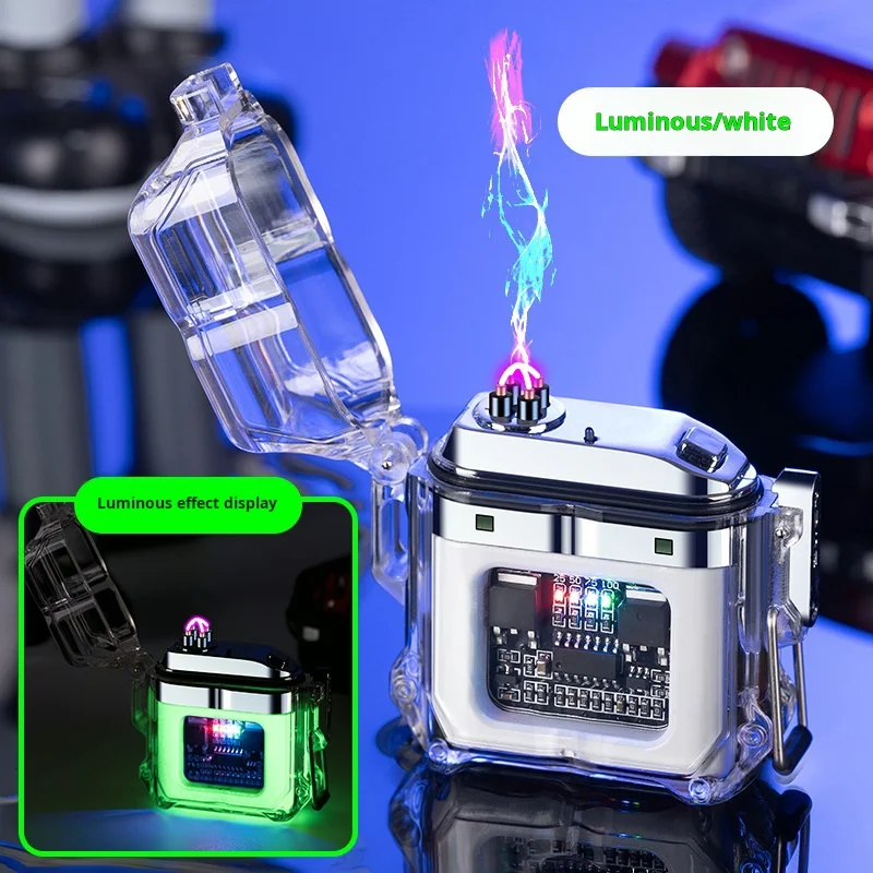 Waterproof Electronic Pulse Lighter with Transparent Case Windproof Outdoor Dual Arc Igniter