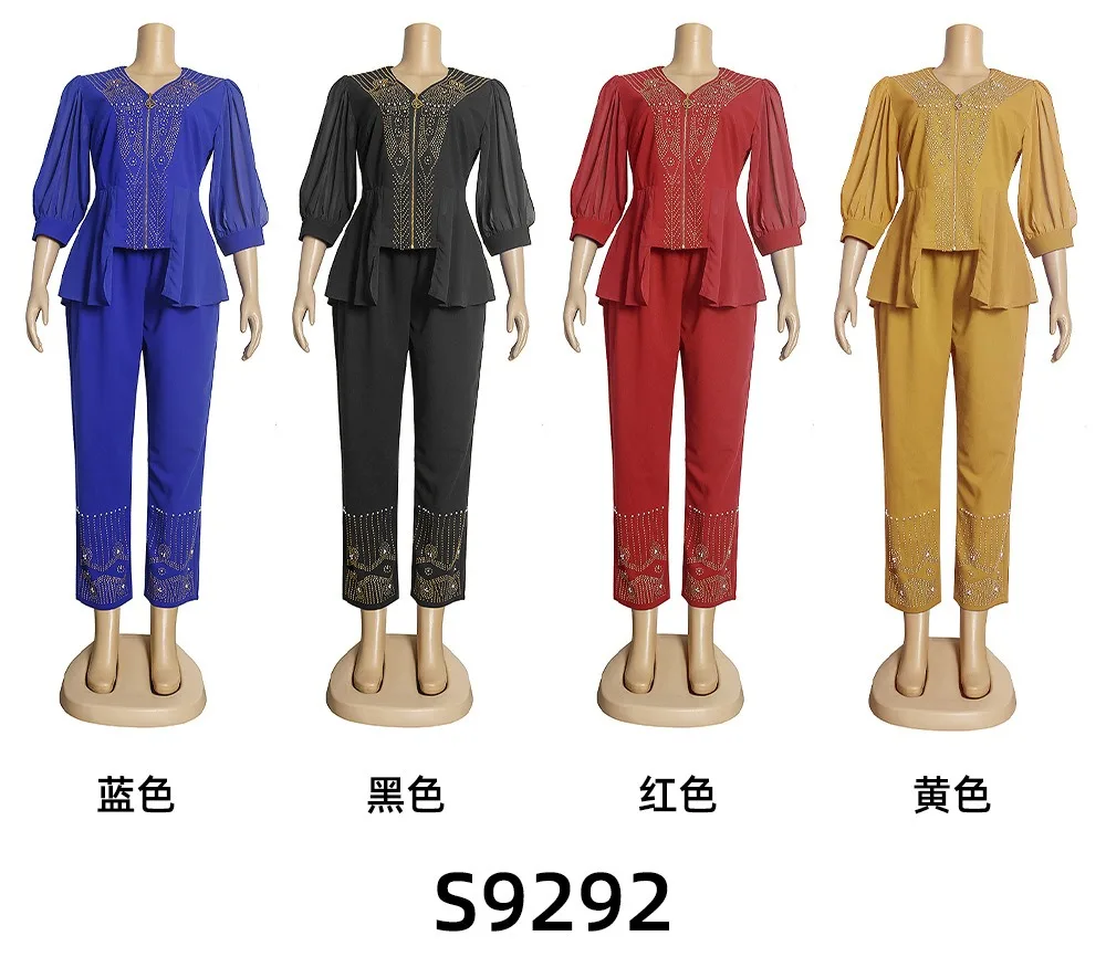 2023 Luxury Two Pieces Clothes Set African Women Shirt And Pants Sets With Rhinestone Top And Down Suits K0245