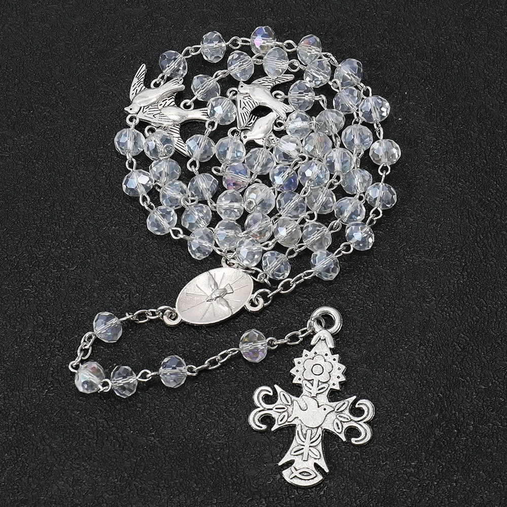 Custom AB Clear Crystal Rosary 6*8mm Beads Five Decades Bird White Dove Holy Spirit Catholic Rosaries Crucifix