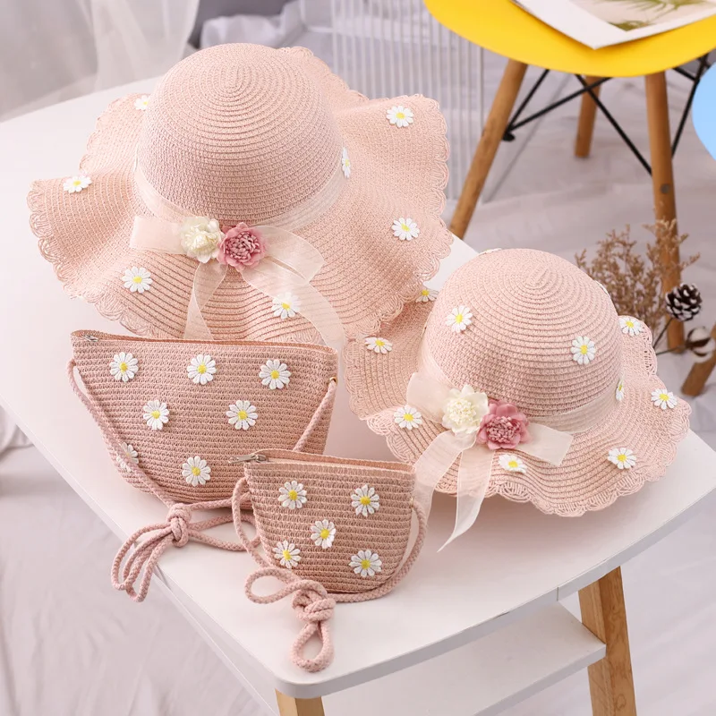 Straw Cap Summer Hat and Bag Set with Big Bow Dot Design Beach Paper Children Unisex Image Sombrero straw hats for children
