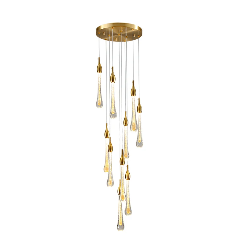New style ceiling raindrop golden led hanging light modern luxury stair long chandelier