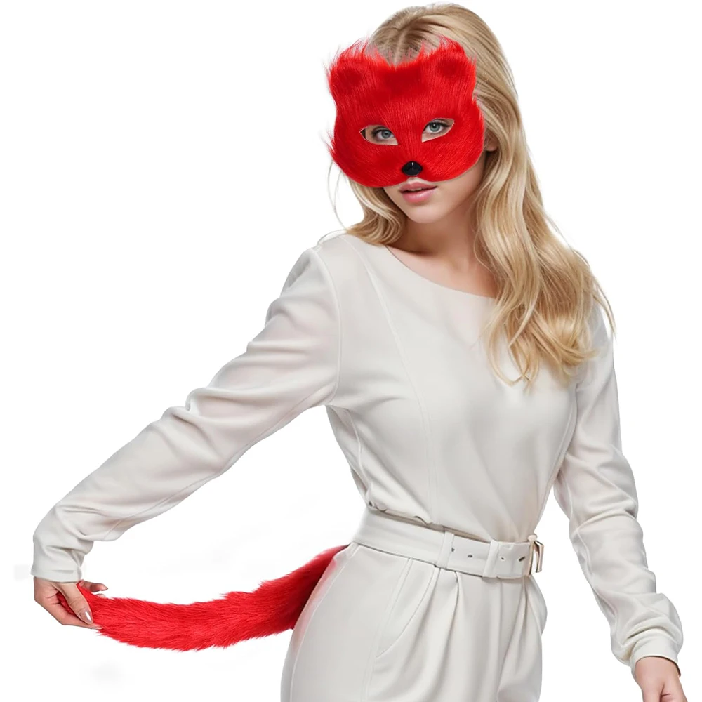 Ladies Sexy Faux Fur Fox Masquerade Mask and Furry Tail Suits Animal Cat Face Mask and Tail Sets for Women Girls Halloween Party