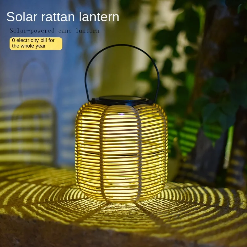 Solar Outdoor Lantern rattan bamboo woven storm lantern courtyard decoration Chinese retro small bell pepper portable