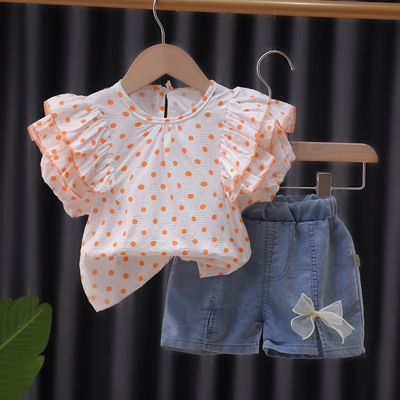 Conyson New Arrival Summer children outfits 1-4 Years Old Kids Girls Fashion Size 2 Pieces dot clothing denim shorts clothes Set