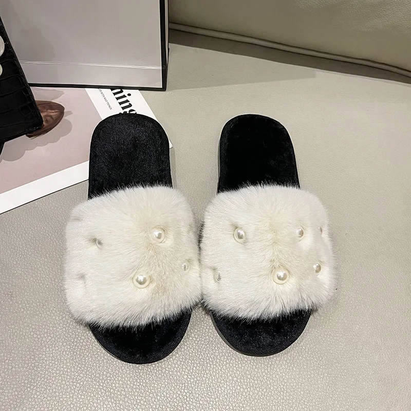 New Design Open toe Indoor women winter warm shoes slides plush flat slipper Beauty Cute fur slippers