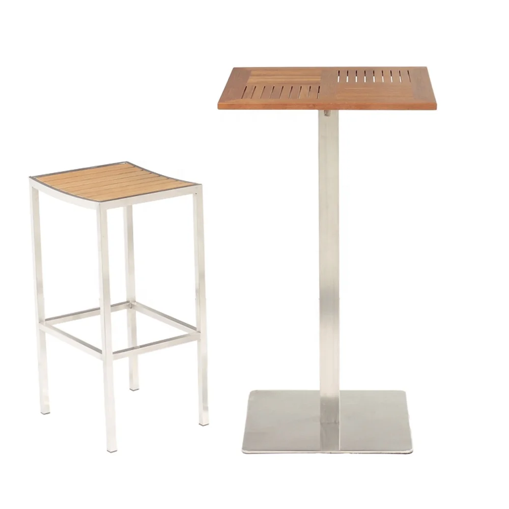 Stainless Steel Frame Teak Wood Top Modern Design Modern Outdoor Garden Park Patio Yard Teak Wood Stackable High Stool bar Table