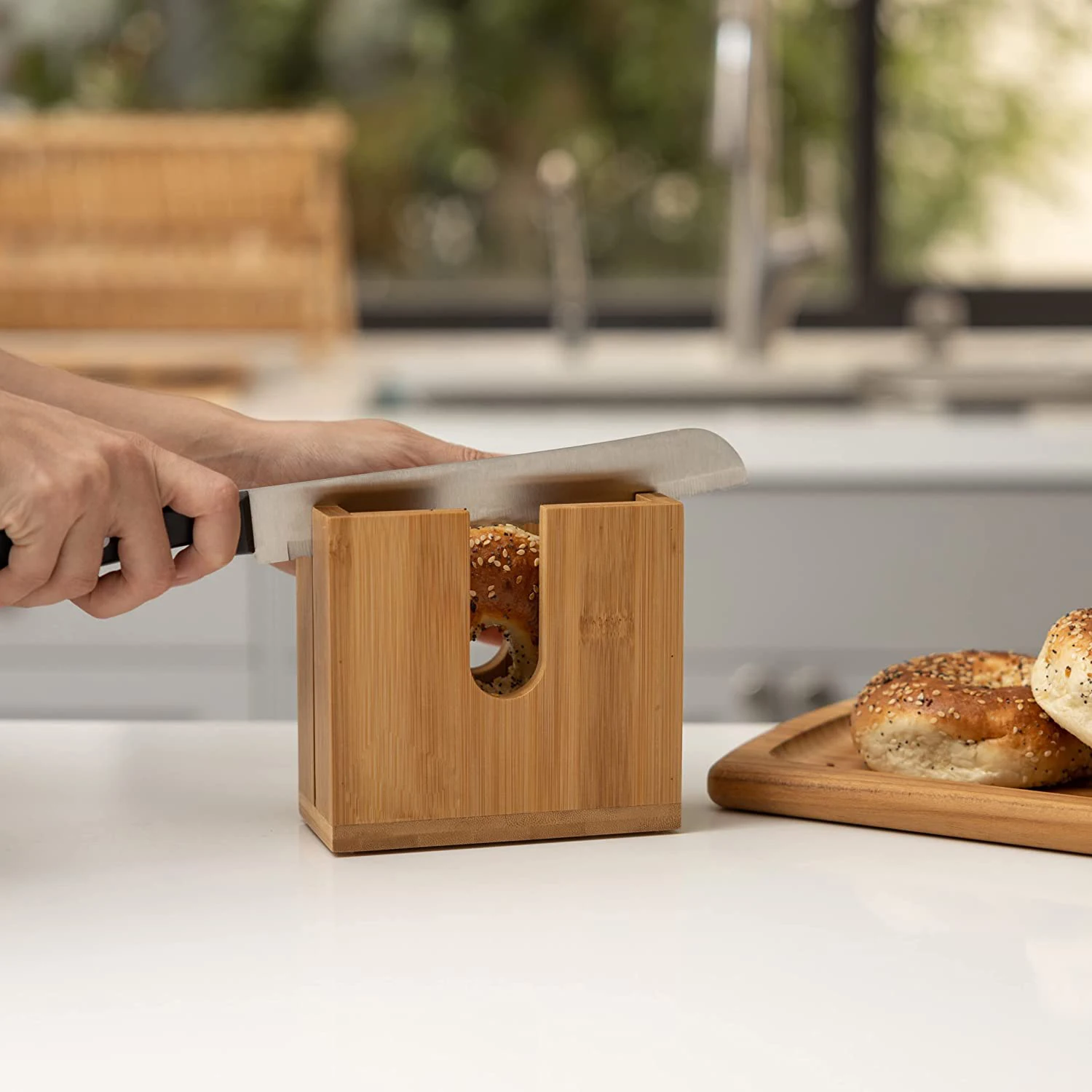 Bamboo Bagel Cutter Slicer Wooden Bagel Slicer Wood Bagel Slicer Holder for Small and Large