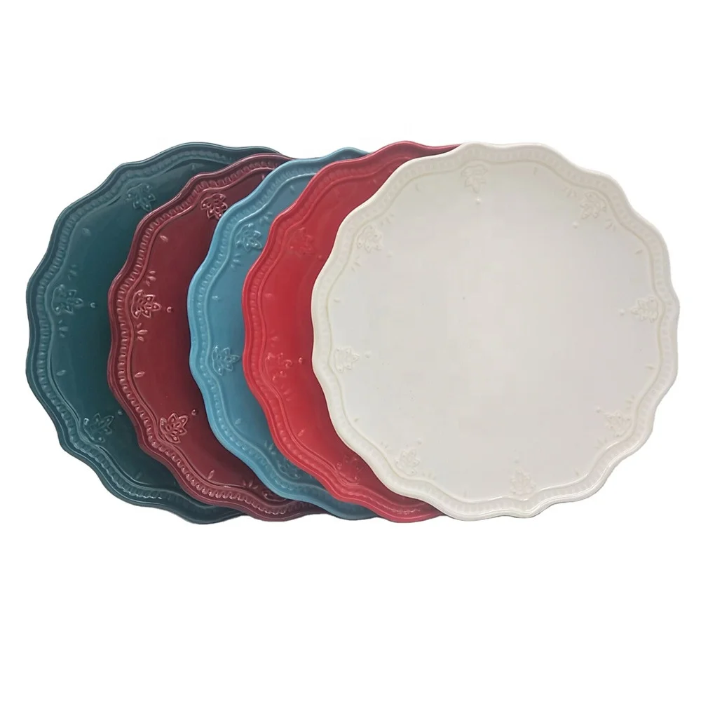 
hot sale wholesale household cheap Europe style flower decorative embossed plate ceramic decor plate 
