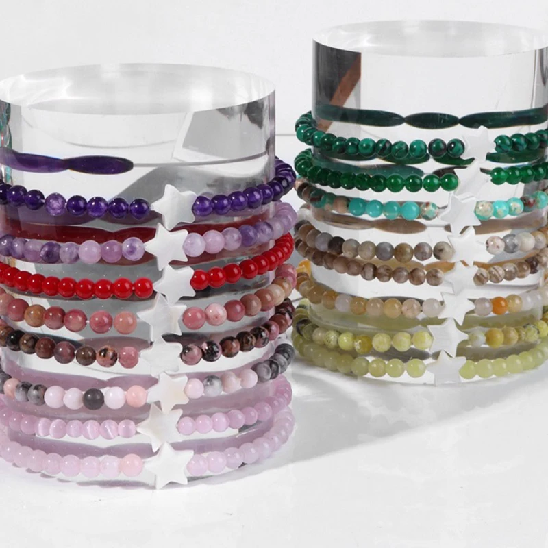 Manufacturers wholesale 4mm natural stone bead bracelet white star shaped shell bracelet amethyst white crystal aura bracelet