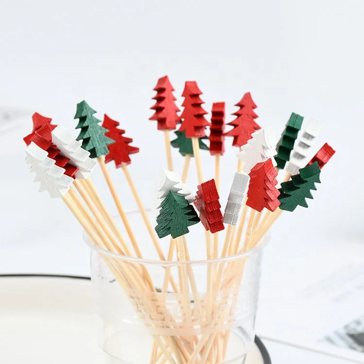 Green Red White 3 Mixed Colors Christmas Tree Bamboo Food Fruit Picks