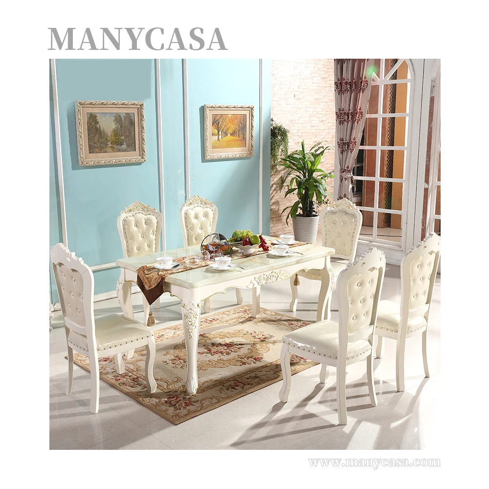 Popular Luxury Furniture Marble Top Rectangle Table Set Group Solid Wood Dining Table Set