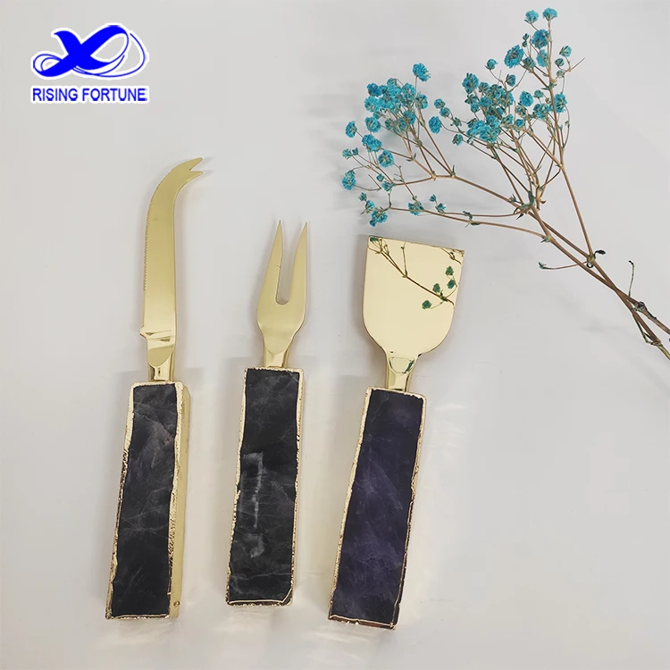 China High Quality Shovel Spreader Fork Luxury Rose Quartz Cheese Board Knife Set Purple Crystal Cheese Board and Knife Set