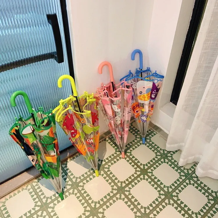 Children's Cartoon Rain Folding Full Automatic Windproof Clear Straight Umbrellas Cheap Rain Gear for Boys and Girls Plastic
