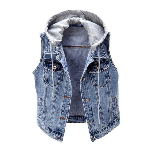 wholesale plus size custom slim short style cotton single buttons turn down collar hooded women sleeveless jacket denim vest