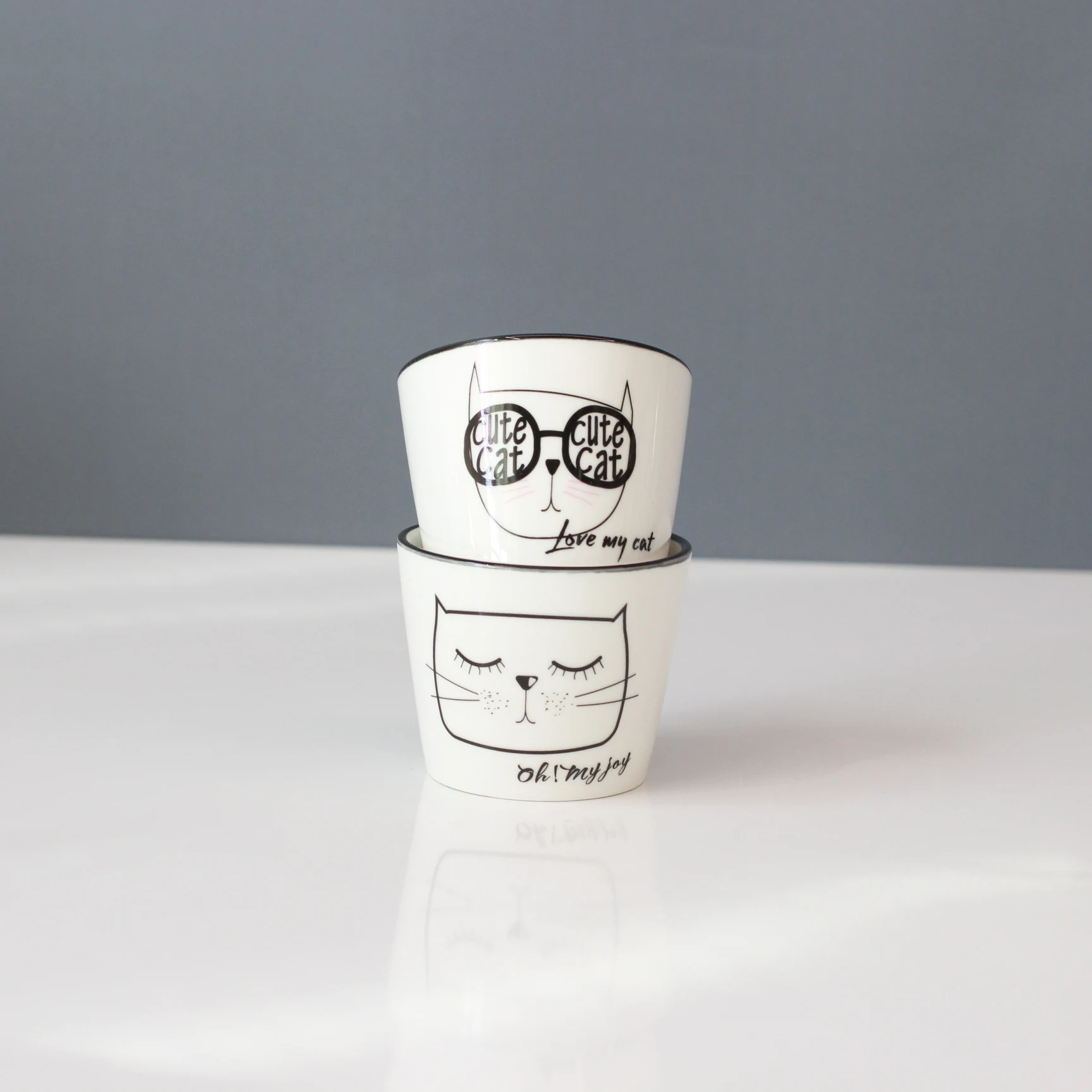 250ml wholesale white small cute ceramic mug without handle animal cat coffee cups with wooden plate for home