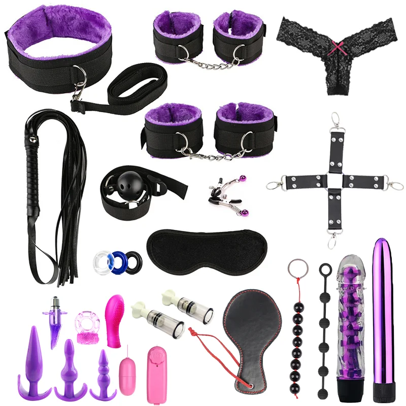 7-23pcs Hot Sale Leather Bondage Kit Oem Odm Adult Sex Toys Handcuffs Nipple Clamps Anal Plug Vibrator Sm Bondage Sex Games