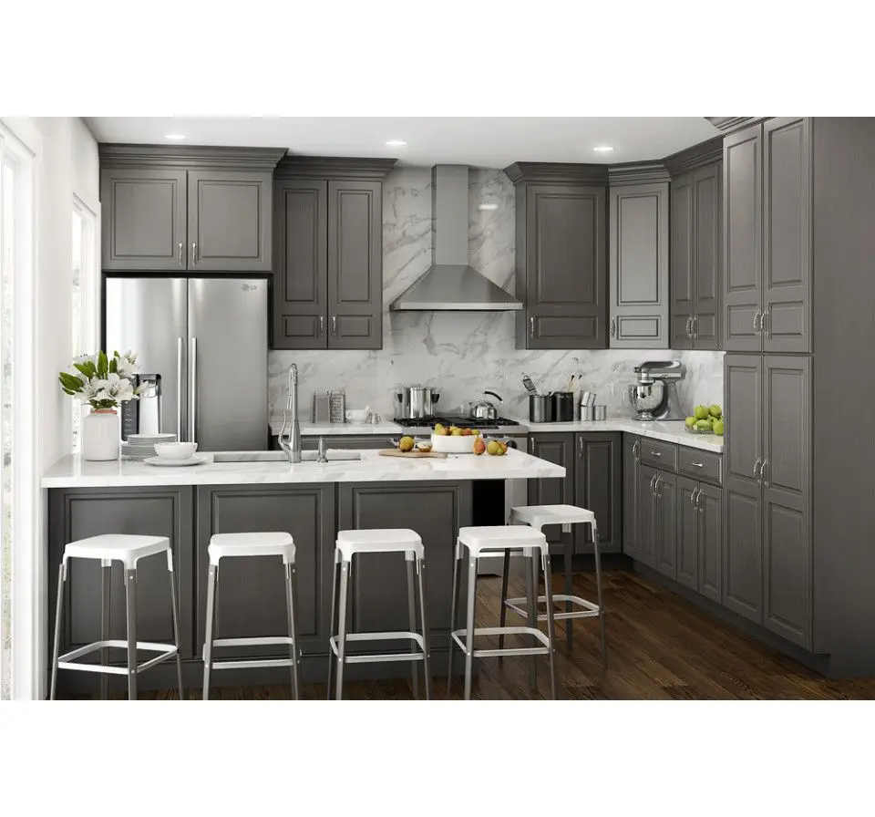 OEM Dark Gray Luxury Quartz Countertop Solid Wood Glass Door kitchen furniture organizers Cabinets
